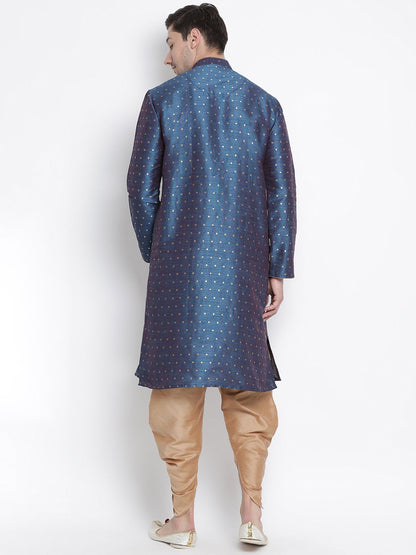 Men's Blue Cotton Silk Blend Kurta and Dhoti Pant Set