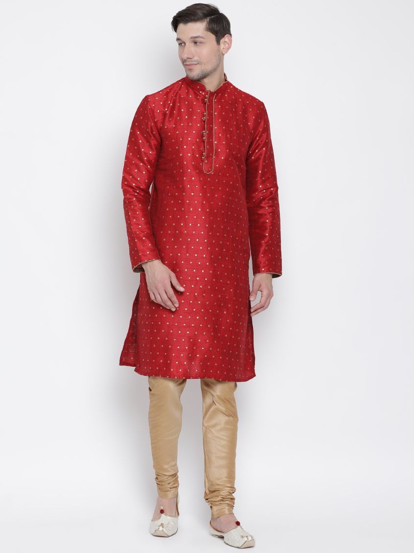 Men's Maroon Cotton Silk Blend Kurta