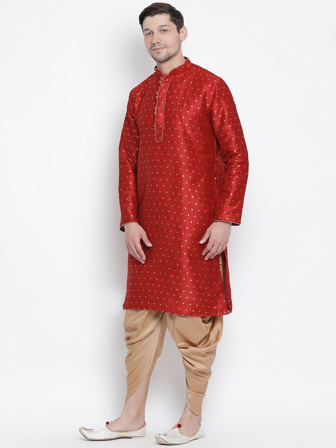 Men's Maroon Cotton Silk Blend Kurta and Dhoti Pant Set