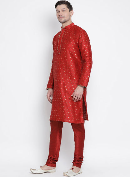 Men's Maroon Cotton Silk Blend Kurta and Pyjama Set