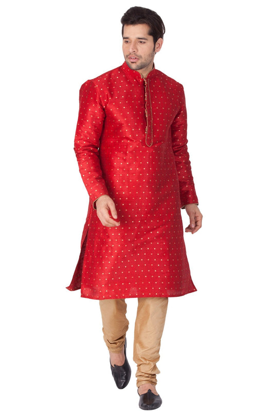 Men's Maroon Cotton Silk Blend Kurta and Pyjama Set
