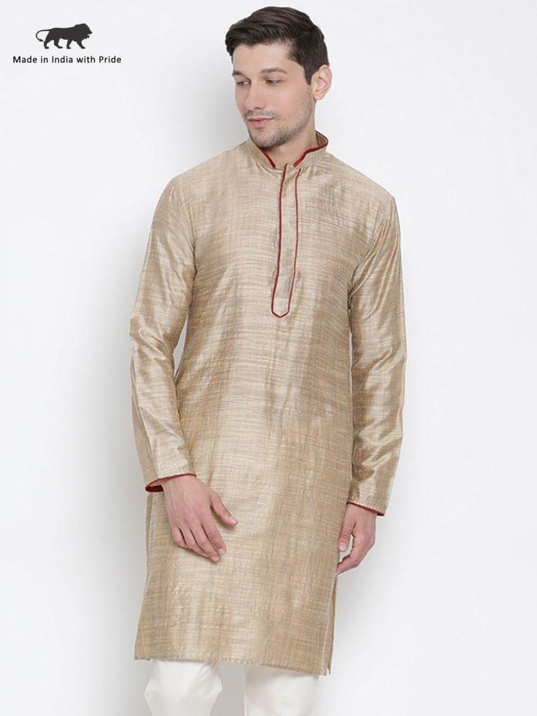 Men's Beige Cotton Silk Blend Kurta