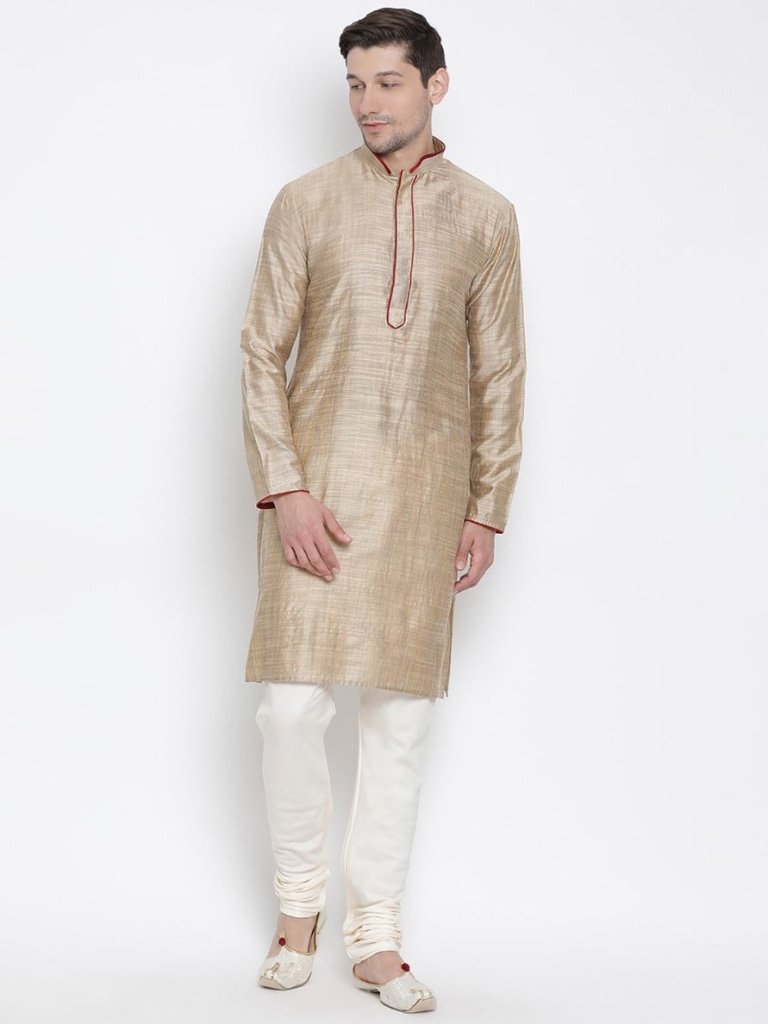 Men's Beige Cotton Silk Blend Kurta