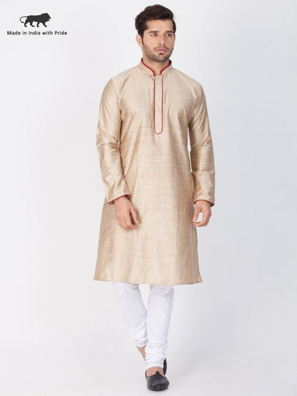 Men's Beige Cotton Silk Blend Kurta and Pyjama Set