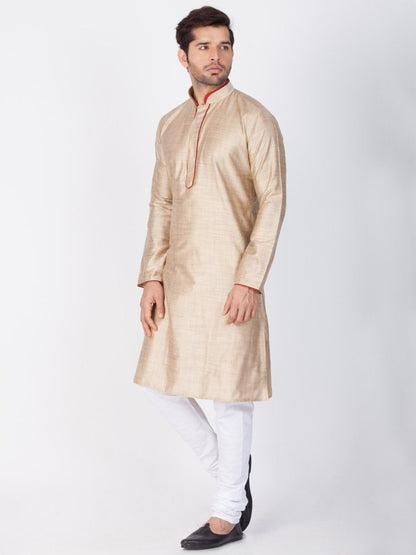Men's Beige Cotton Silk Blend Kurta and Pyjama Set