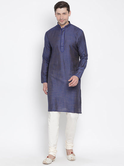 Men's Blue Cotton Silk Blend Kurta