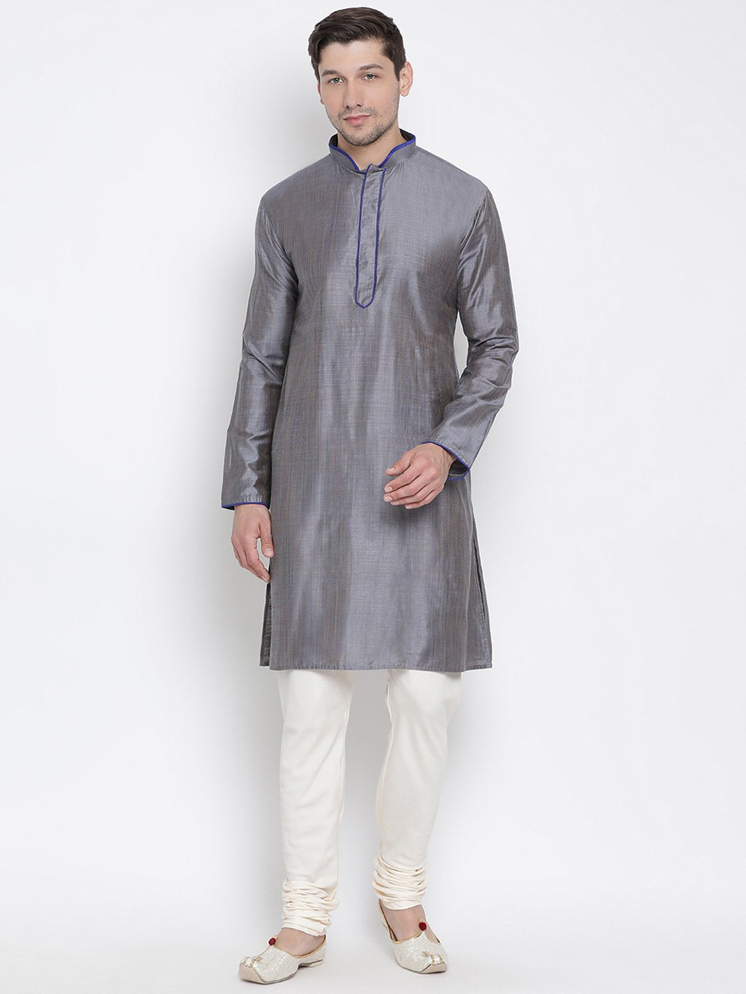 Men's Grey Cotton Silk Blend Kurta