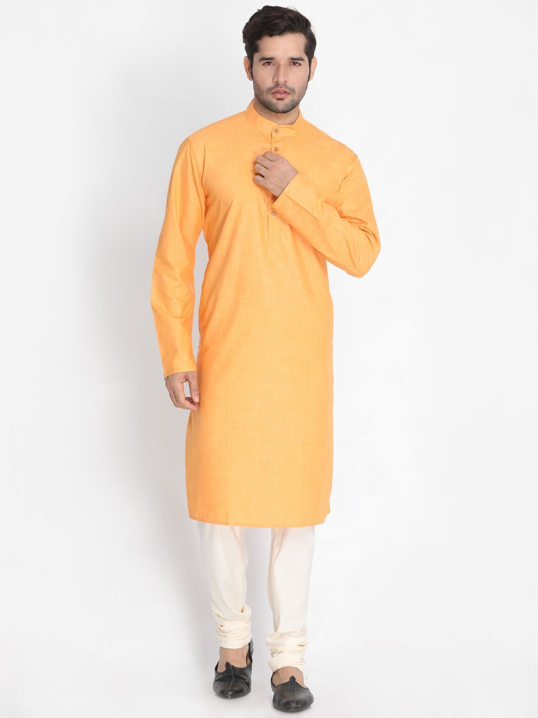 Men's Orange Cotton Blend Kurta and Pyjama Set