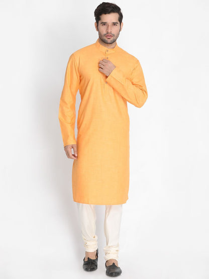Men's Orange Cotton Blend Kurta and Pyjama Set