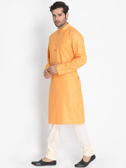 Men's Orange Cotton Blend Kurta and Pyjama Set