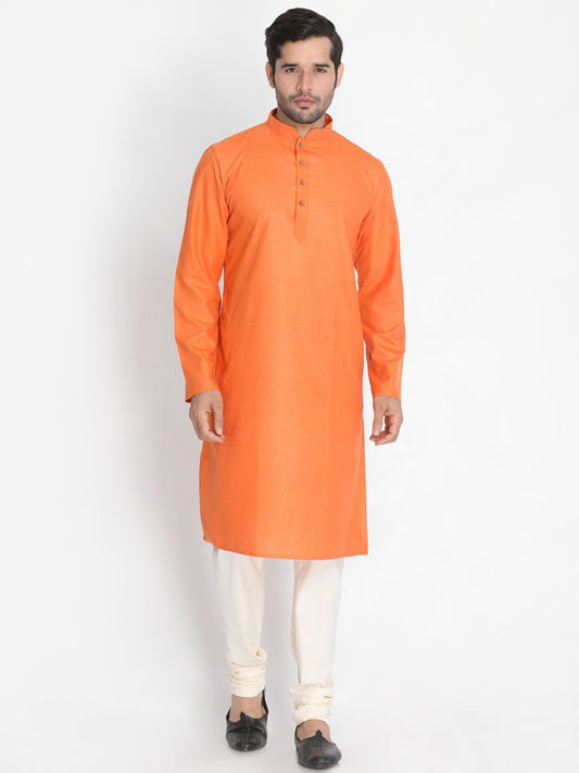 Men's Orange Cotton Blend Kurta and Pyjama Set
