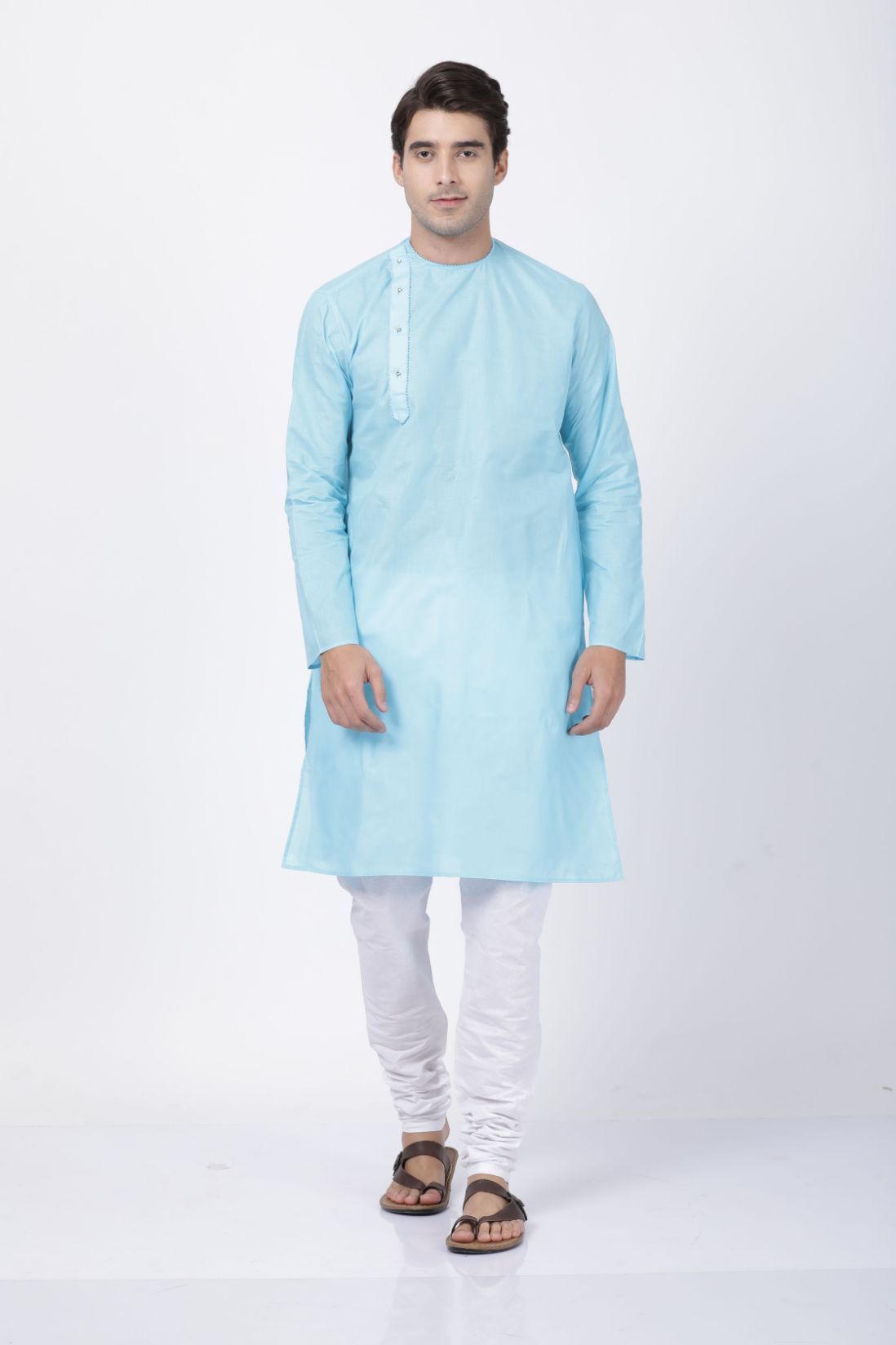 Men's Light Blue Cotton Blend Kurta