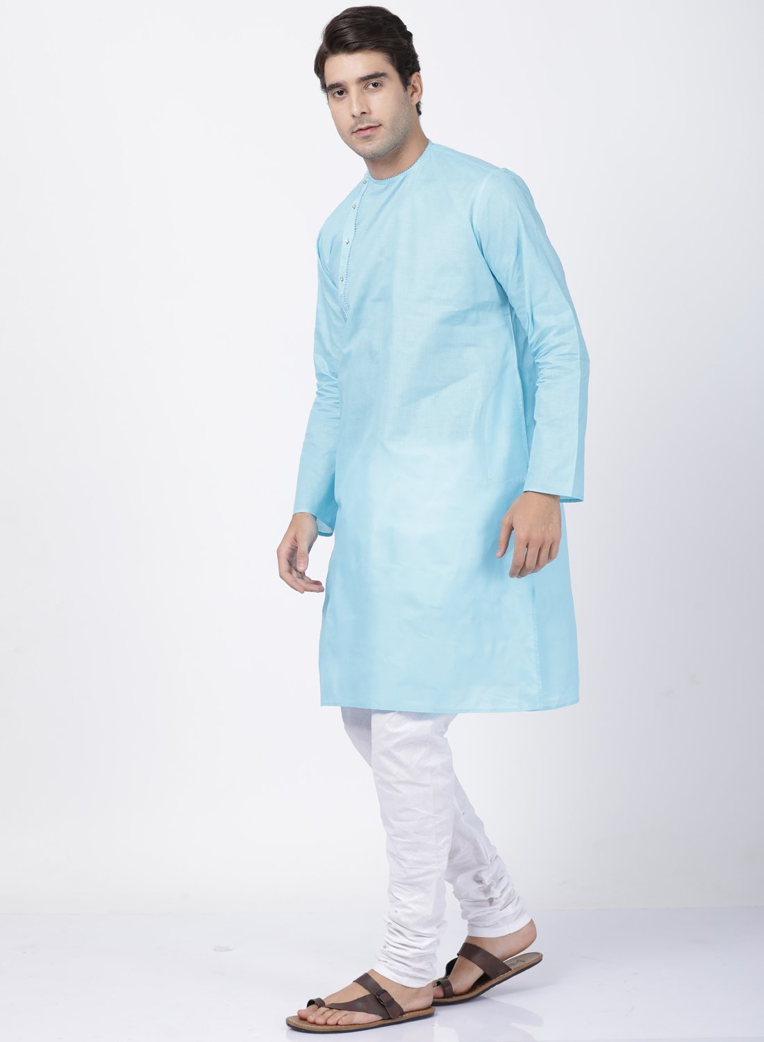 Men's Light Blue Cotton Blend Kurta and Pyjama Set