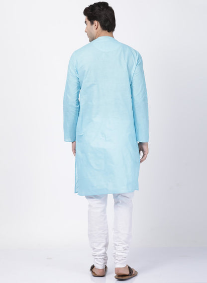 Men's Light Blue Cotton Blend Kurta and Pyjama Set