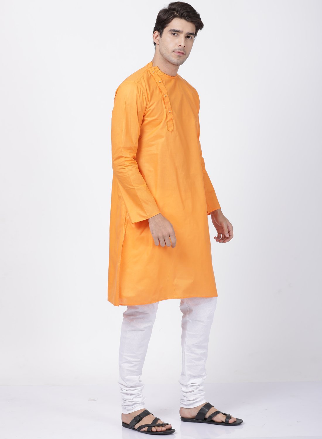 Men's Orange Cotton Blend Kurta and Pyjama Set