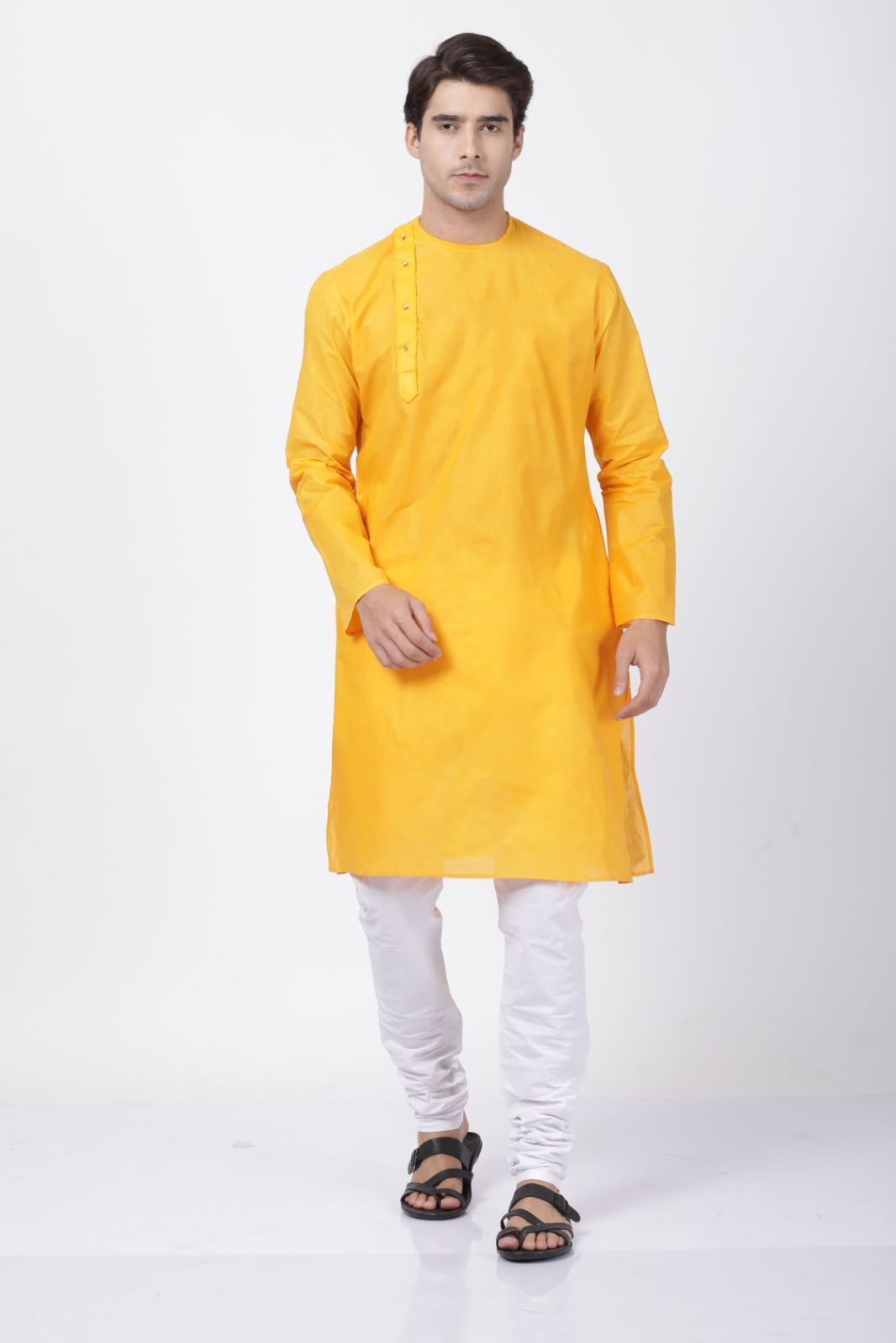Men's Yellow Cotton Blend Kurta