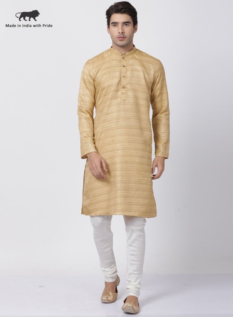 Men's Beige Cotton Silk Blend Kurta and Pyjama Set