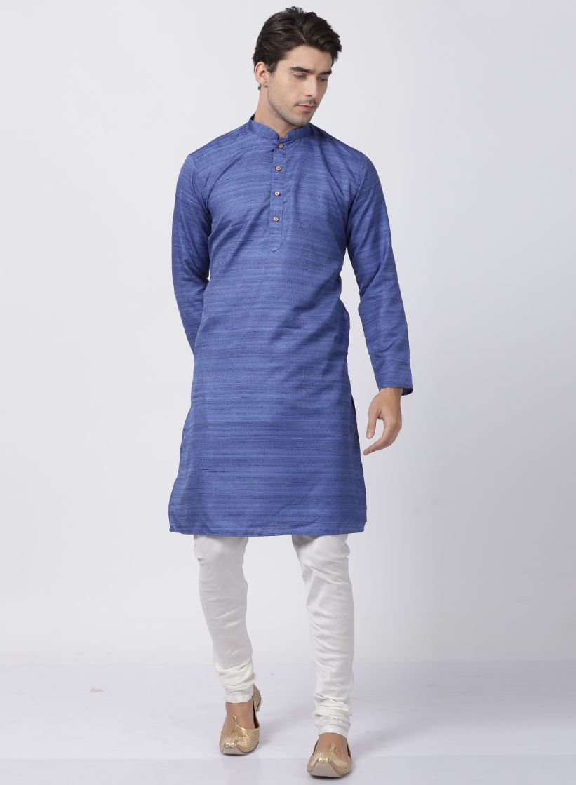 Men's Blue Cotton Silk Blend Kurta