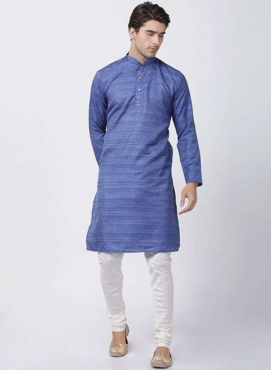 Men's Blue Cotton Silk Blend Kurta and Pyjama Set