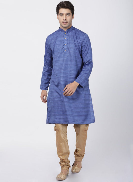 Men's Blue Cotton Silk Blend Kurta and Pyjama Set