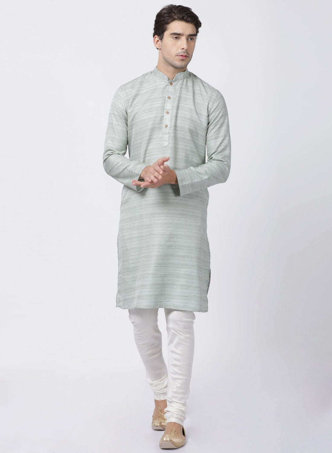 Men's Light Green Cotton Silk Blend Kurta and Pyjama Set