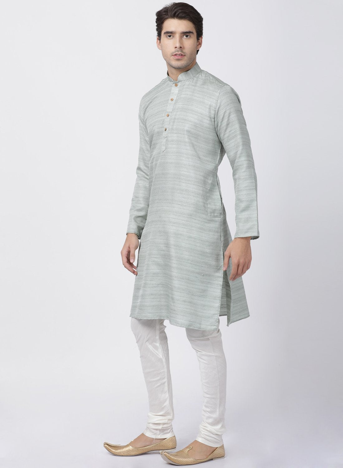 Men's Light Green Cotton Silk Blend Kurta and Pyjama Set