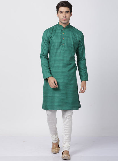 Men's Green Cotton Silk Blend Kurta and Pyjama Set