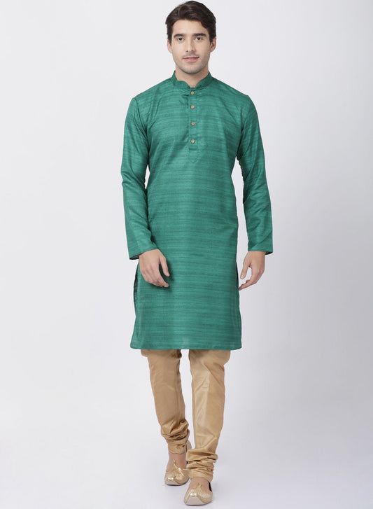 Men's Green Cotton Silk Blend Kurta and Pyjama Set