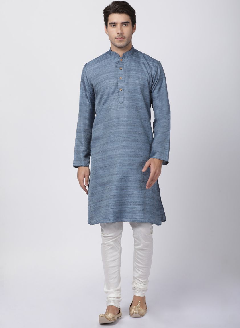 Men's Grey Cotton Silk Blend Kurta