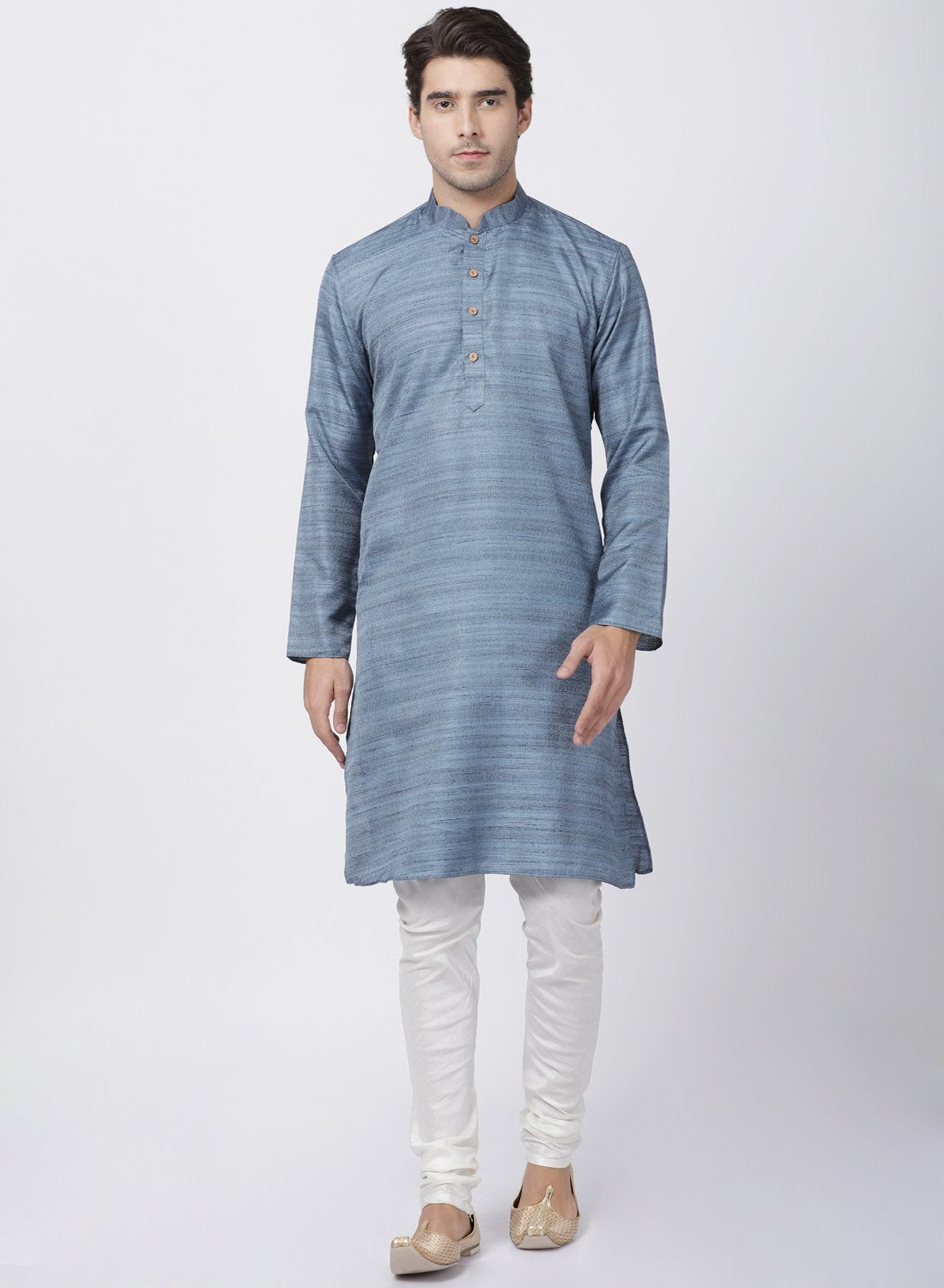 Men's Grey Cotton Silk Blend Kurta and Pyjama Set
