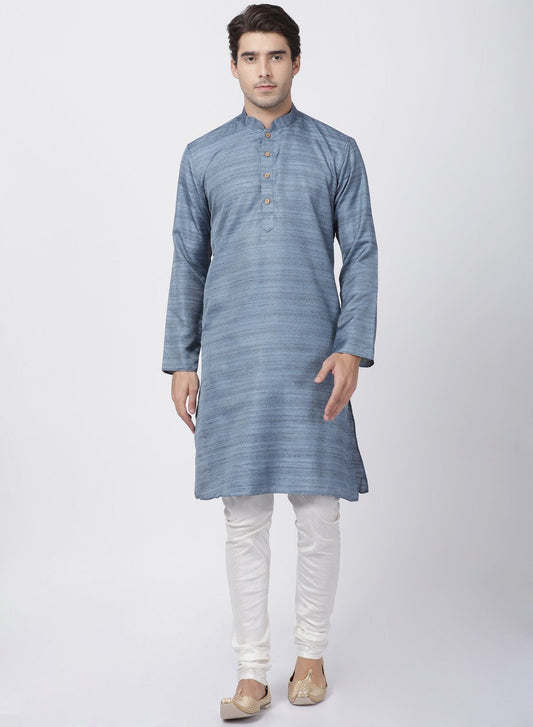 Men's Grey Cotton Silk Blend Kurta and Pyjama Set
