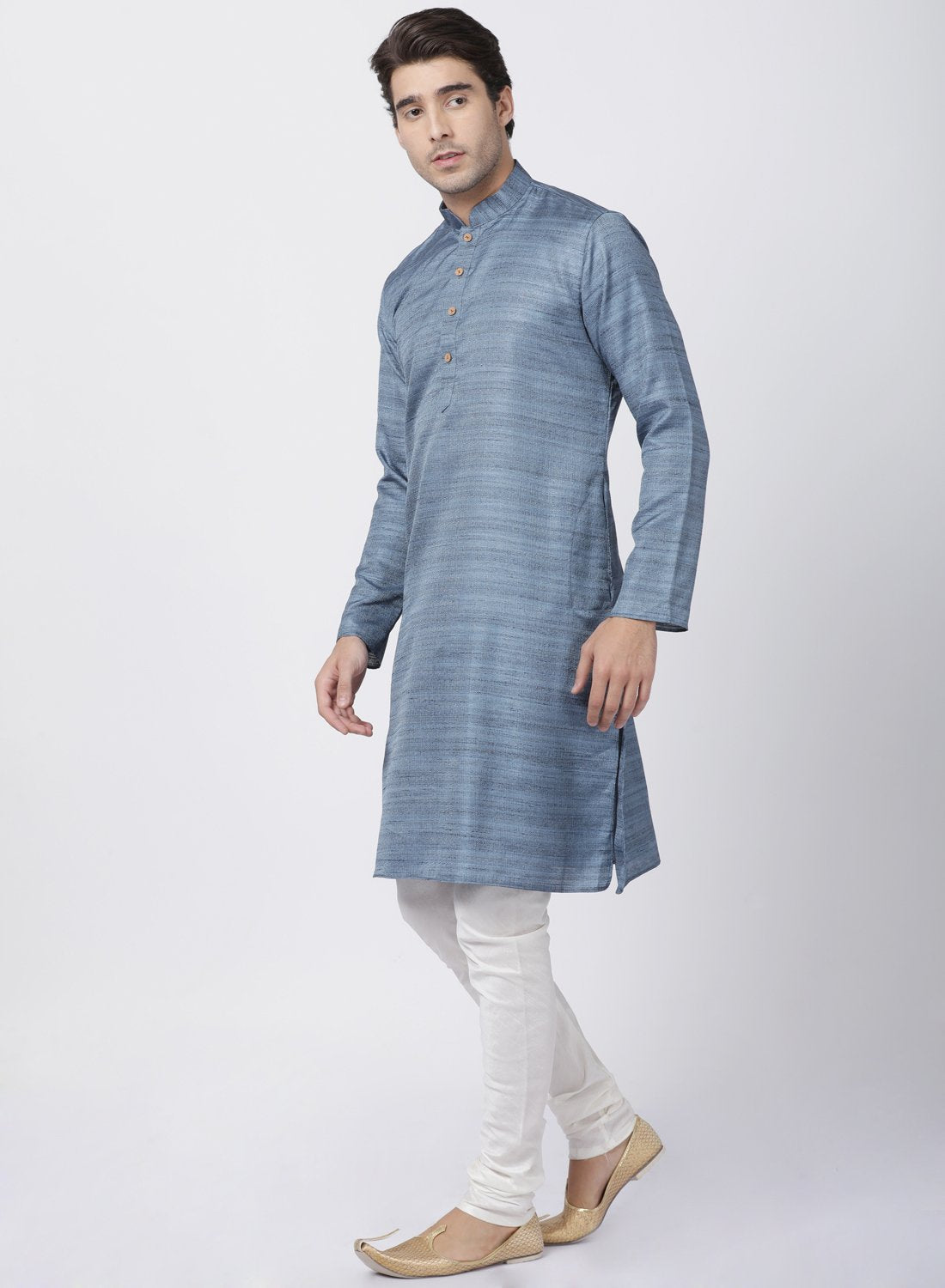 Men's Grey Cotton Silk Blend Kurta and Pyjama Set