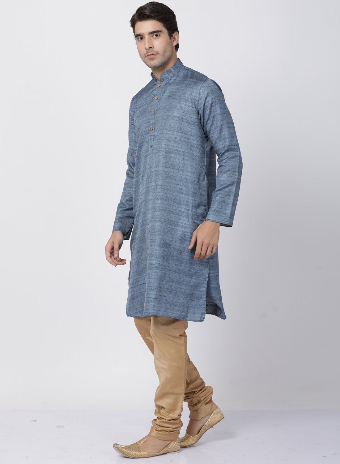 Men's Grey Cotton Silk Blend Kurta and Pyjama Set