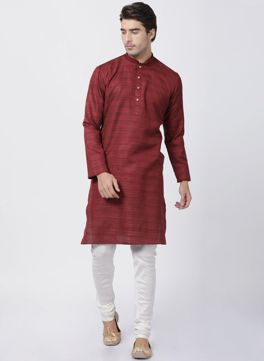 Men's Maroon Cotton Silk Blend Kurta and Pyjama Set