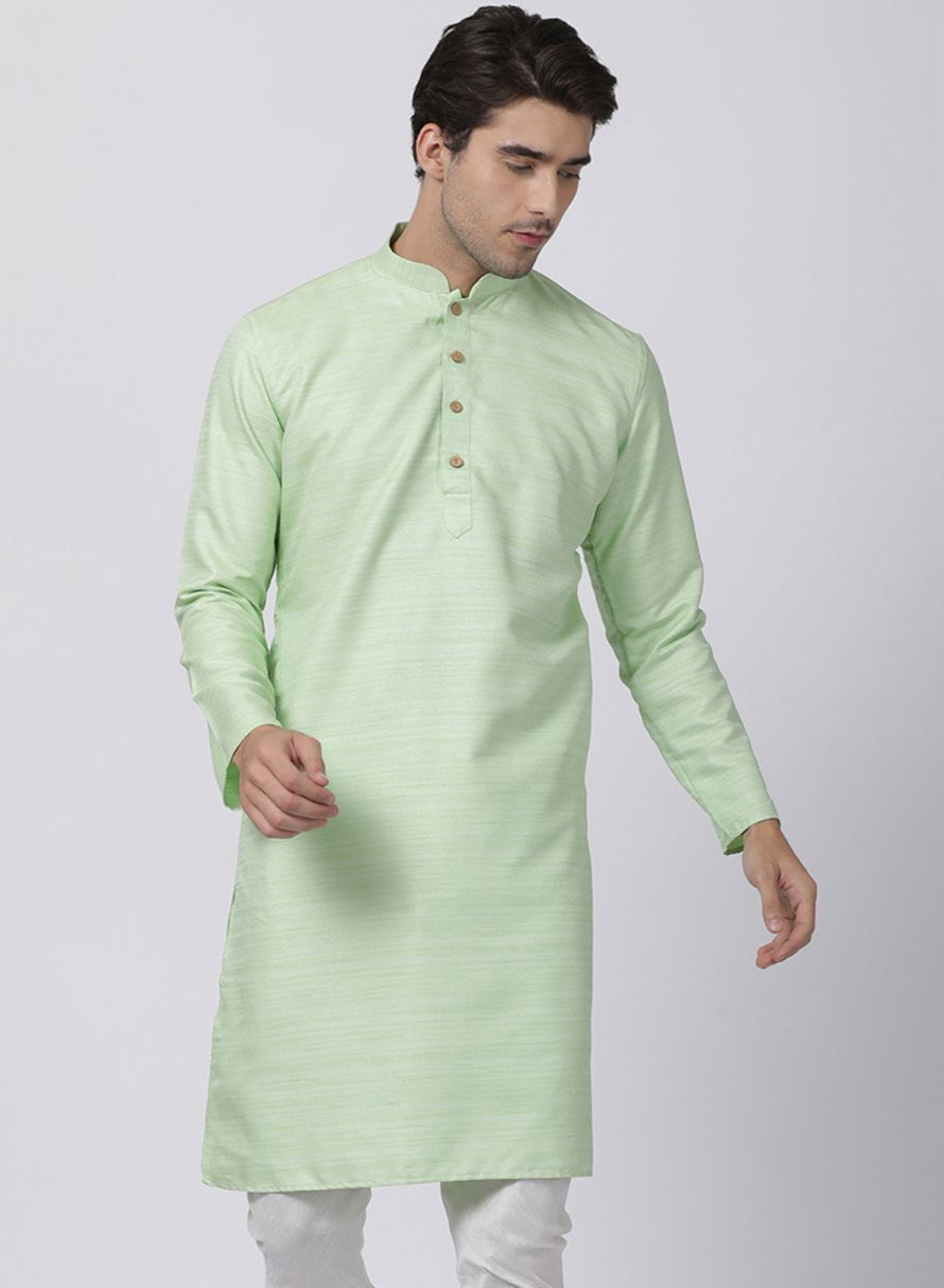 Men's Light Green Cotton Silk Blend Kurta