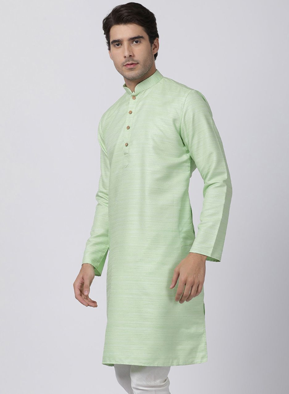 Men's Light Green Cotton Silk Blend Kurta