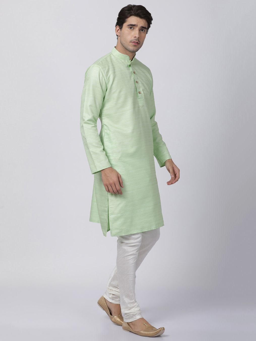 Men's Light Green Cotton Silk Blend Kurta