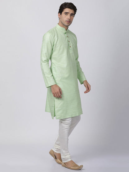 Men's Light Green Cotton Silk Blend Kurta