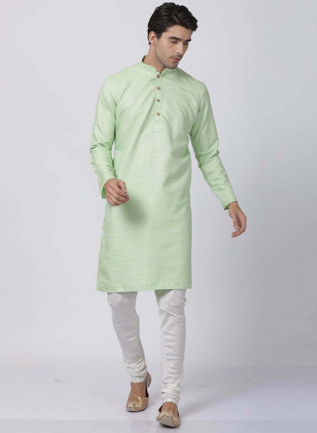 Men's Light Green Cotton Silk Blend Kurta and Pyjama Set