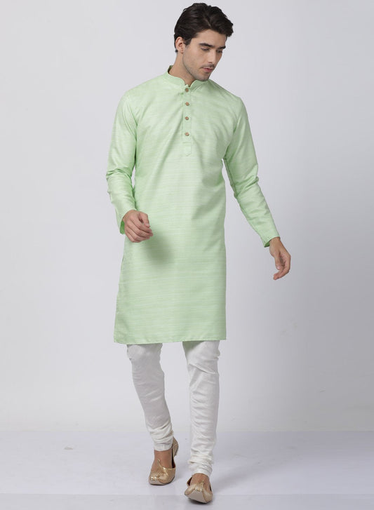Men's Light Green Cotton Silk Blend Kurta and Pyjama Set
