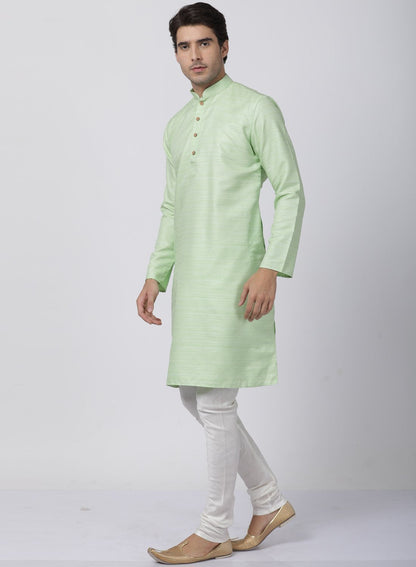 Men's Light Green Cotton Silk Blend Kurta and Pyjama Set