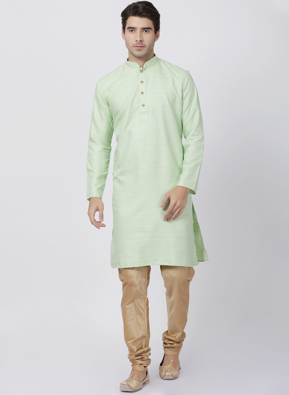 Men's Light Green Cotton Silk Blend Kurta and Pyjama Set