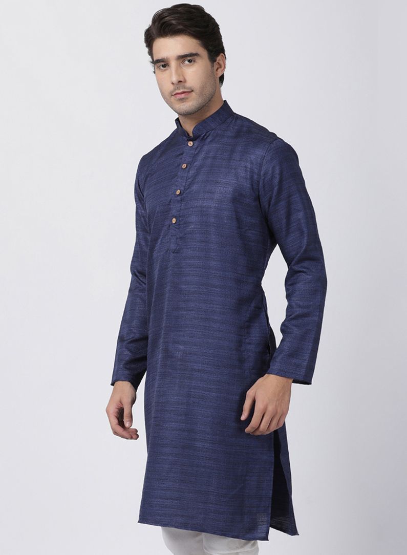 Men's Dark Blue Cotton Silk Blend Kurta