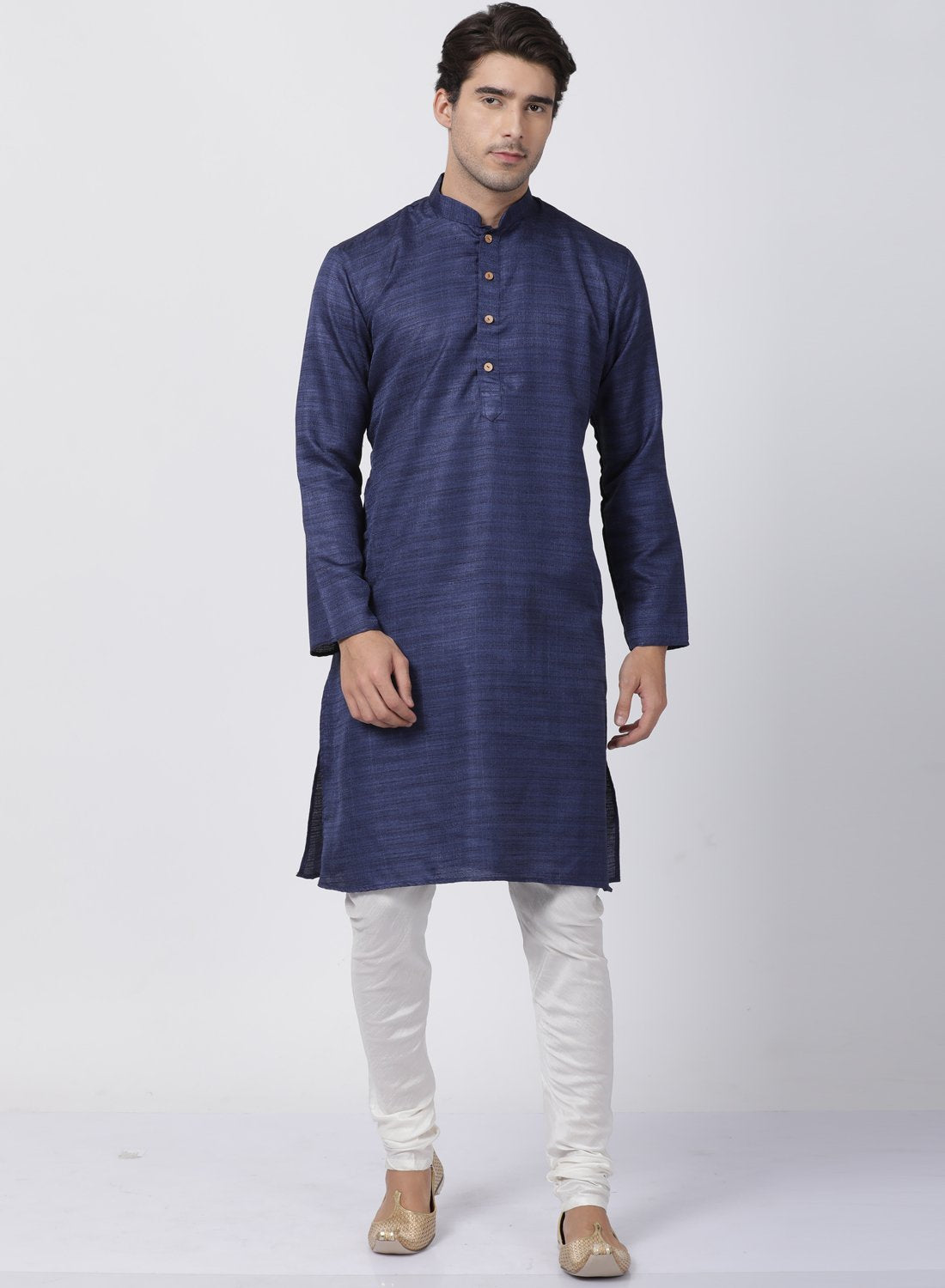 Men's Dark Blue Cotton Silk Blend Kurta and Pyjama Set