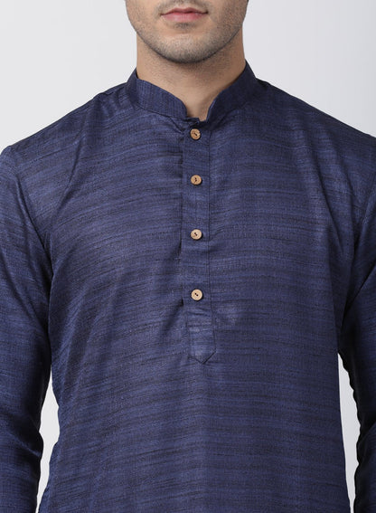 Men's Dark Blue Cotton Silk Blend Kurta and Pyjama Set