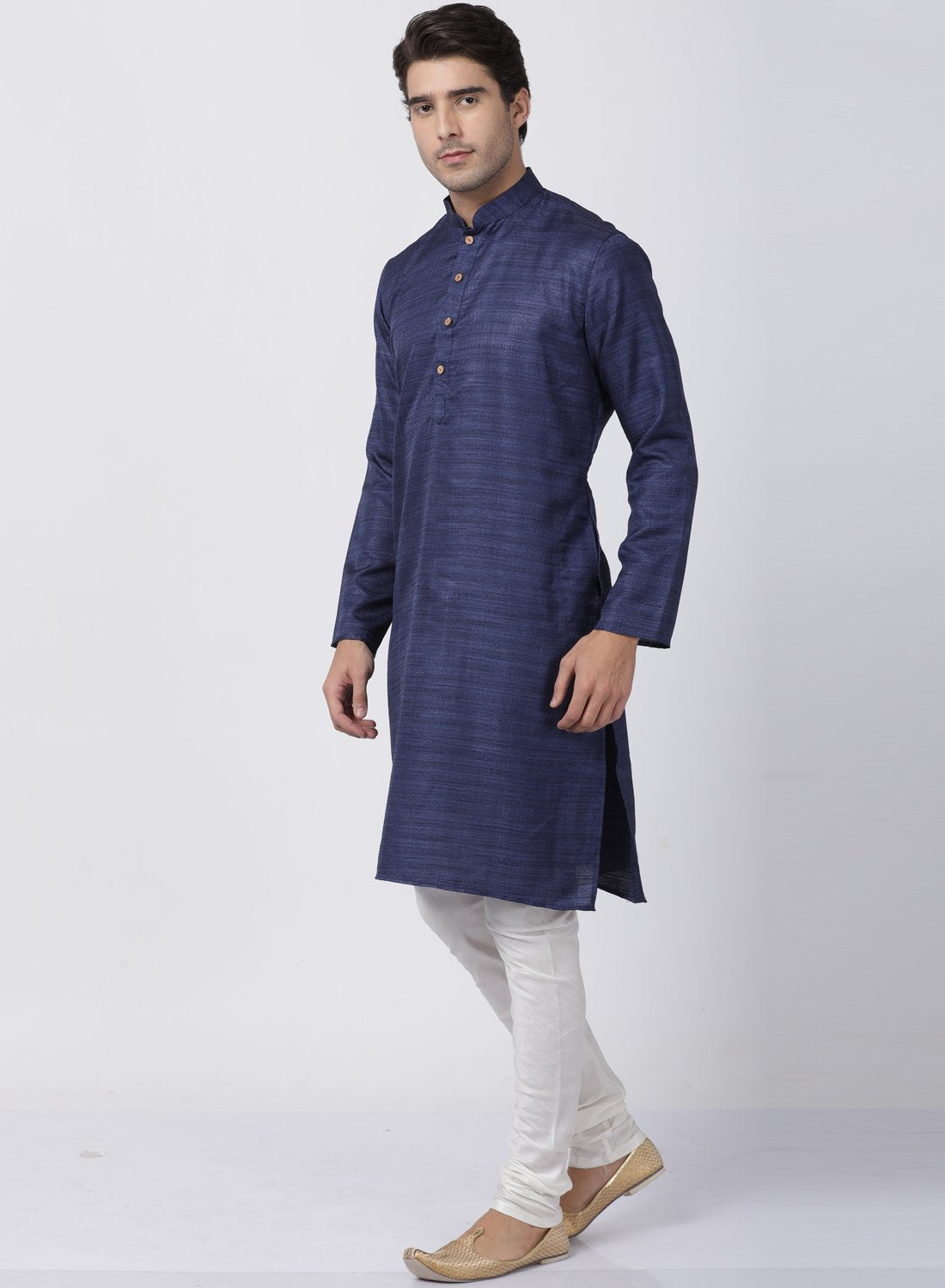 Men's Dark Blue Cotton Silk Blend Kurta and Pyjama Set