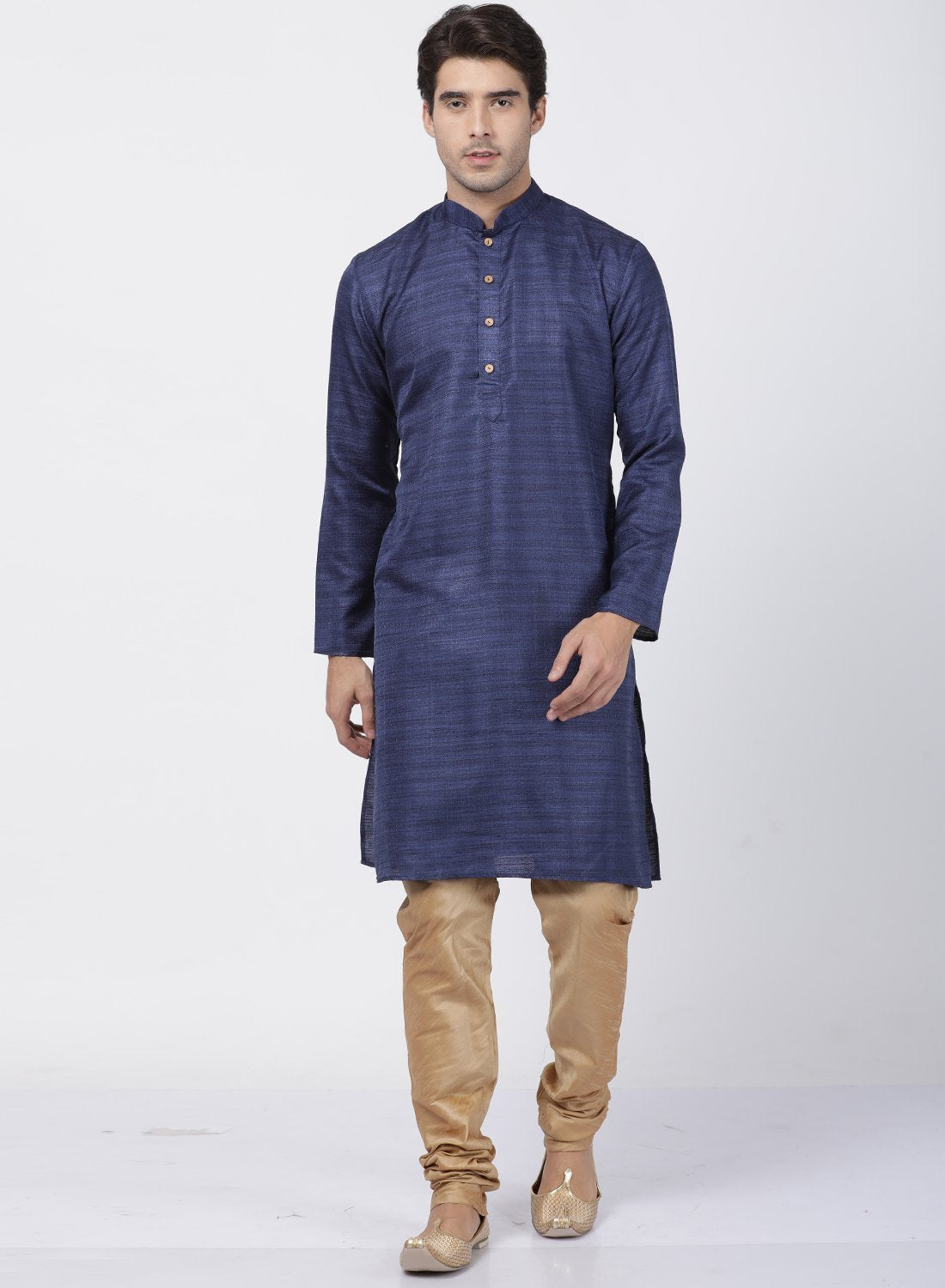 Men's Dark Blue Cotton Silk Blend Kurta and Pyjama Set