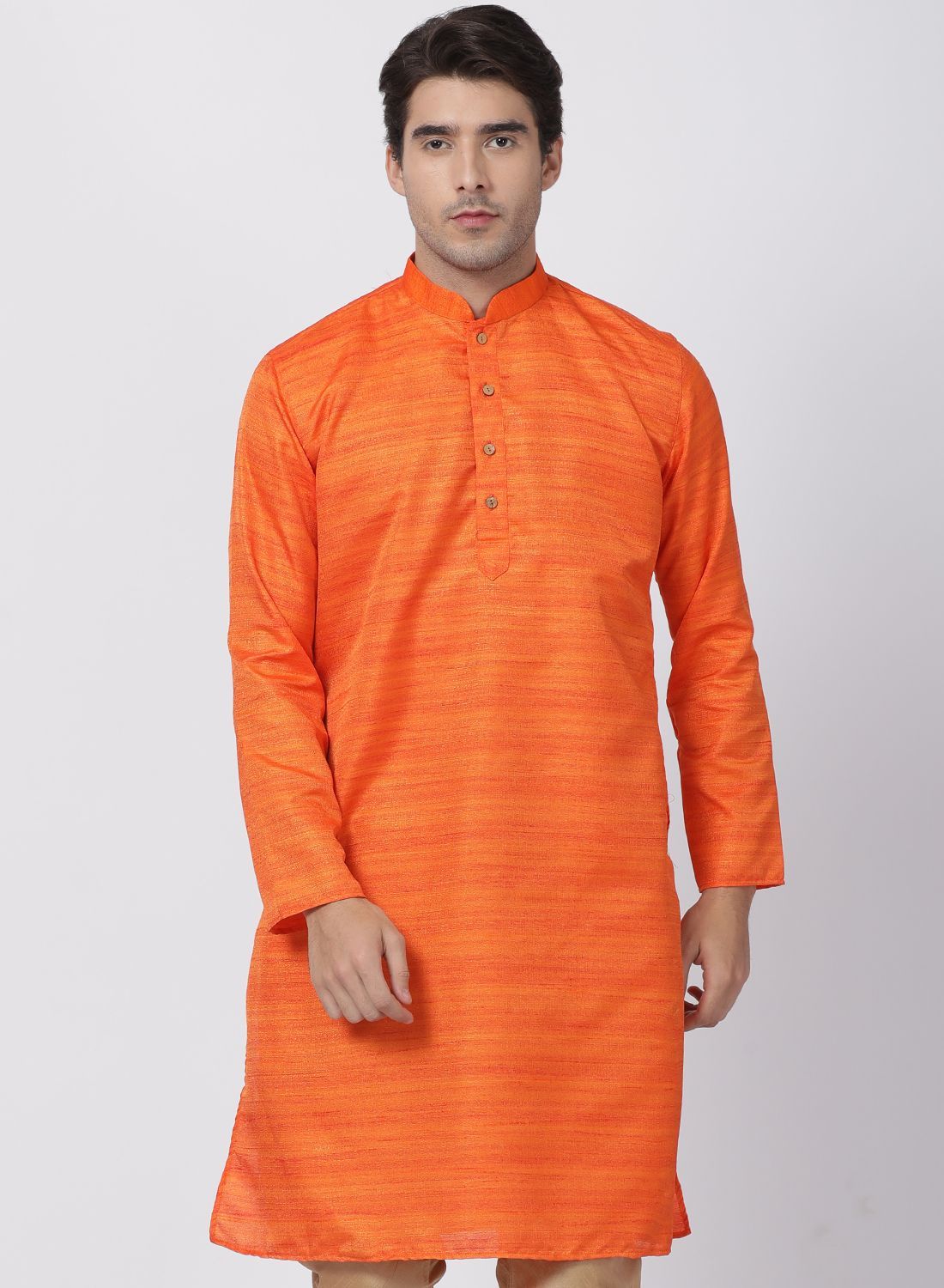 Men's Orange Cotton Silk Blend Kurta