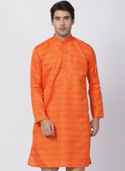 Men's Orange Cotton Silk Blend Kurta
