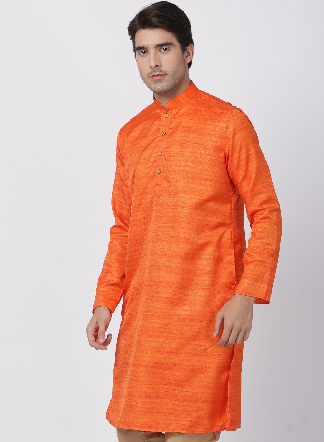 Men's Orange Cotton Silk Blend Kurta
